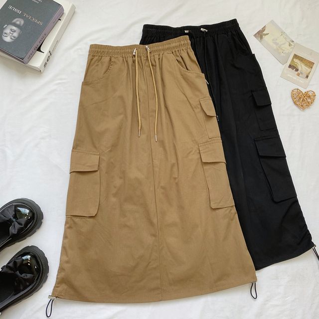 High Waist Plain Midi A-Line Cargo Skirt