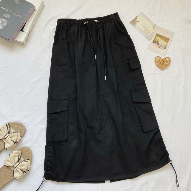 High Waist Plain Midi A-Line Cargo Skirt