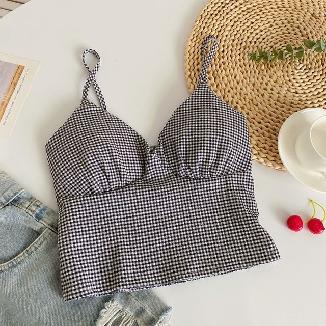 V-Neck Plaid Crop Bustier Top