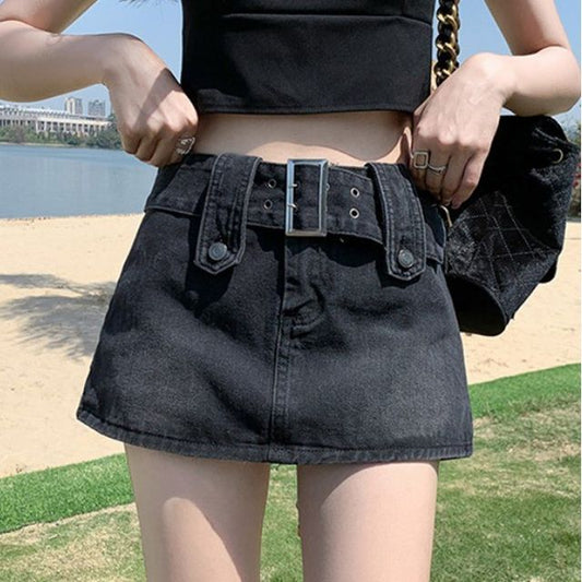 High Waist Washed Denim Skorts