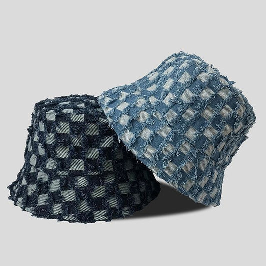 Bucket Denim Checker Fringed Hat