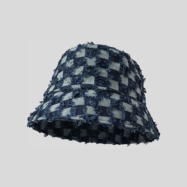 Bucket Denim Checker Fringed Hat