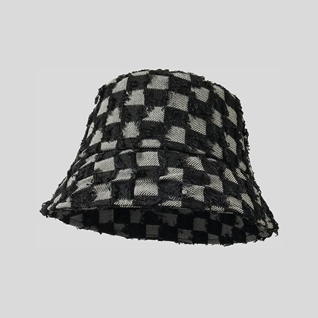 Bucket Denim Checker Fringed Hat