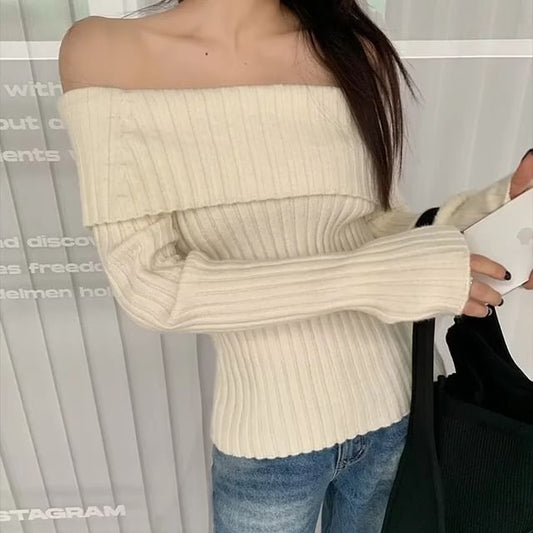 Long Sleeve Off-Shoulder Plain Ribbed-Knit Sweater