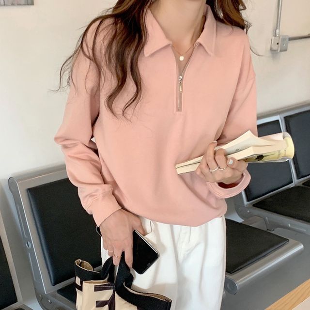 Plain Sweatshirt Polo-Neck Long-Sleeve Half-Zip