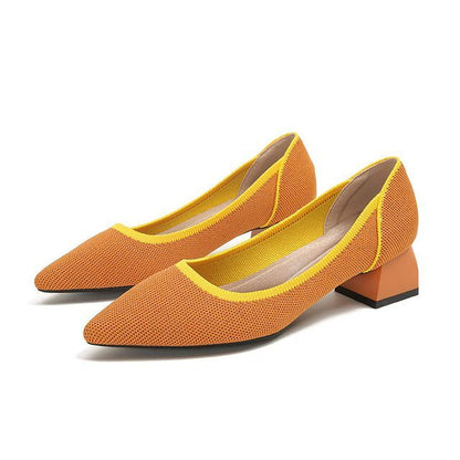 Pointed Contras Trim Chunky Heel Pumps