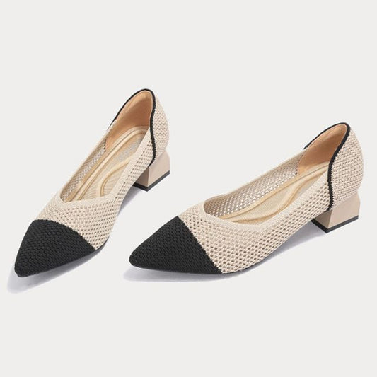 Pointed Cap Toe Chunky Heel Pumps