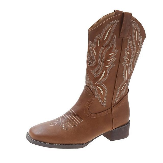 Heel Boots Chunky Cowboy Embroidered