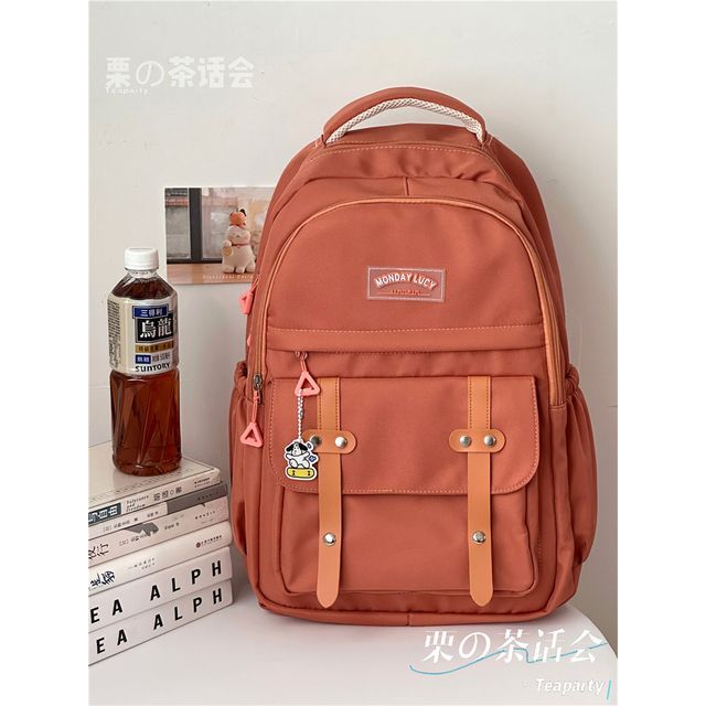 Lettering Label Buckled Flap Laptop Backpack