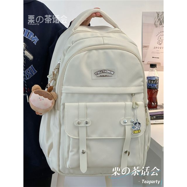 Lettering Label Buckled Flap Laptop Backpack