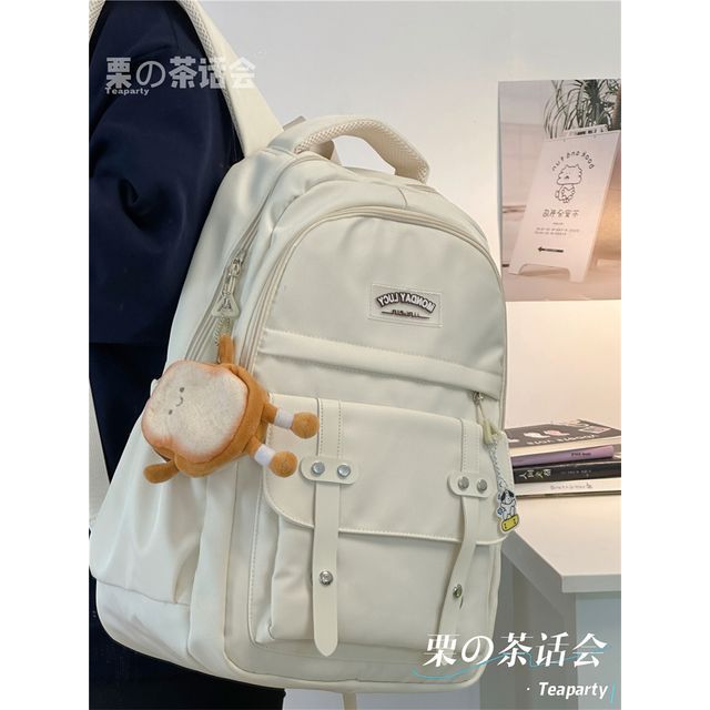 Lettering Label Buckled Flap Laptop Backpack