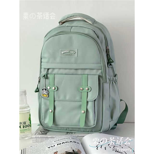 Lettering Label Buckled Flap Laptop Backpack