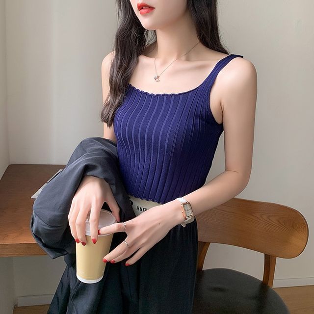 Square Tank Neck Top Ribbed Plain Crop Knit