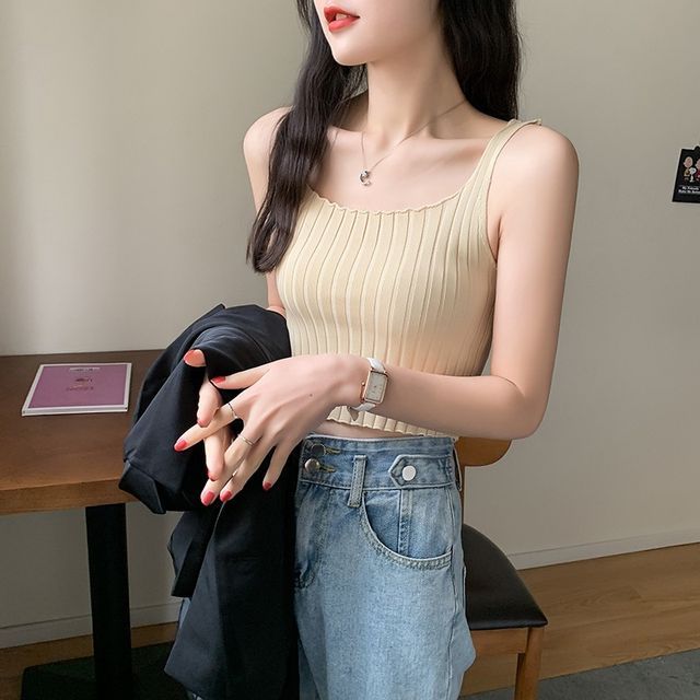 Square Tank Neck Top Ribbed Plain Crop Knit