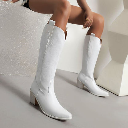 Block Heel Pointed Toe Embroidered Cowboy Tall Boots