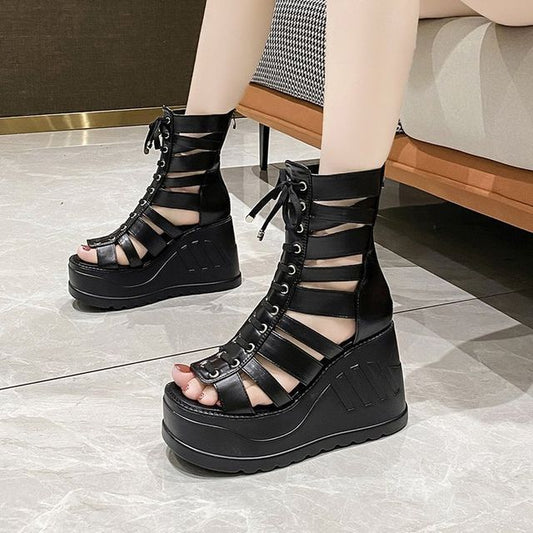 Heel Lace-Up Wedge Sandals Platform Gladiator