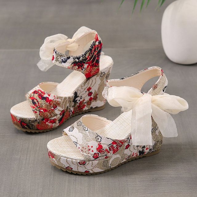 Wedge Floral Bow Heel Platform Sandals