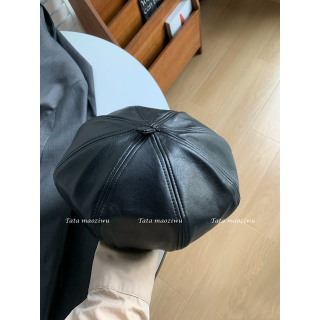 Faux Leather Beret Hat