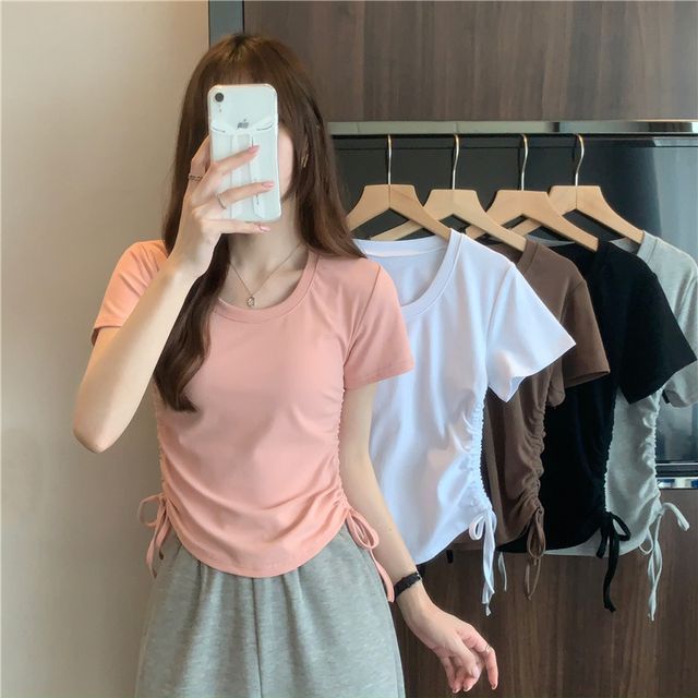 Tee Plain Drawstring Crew Short-Sleeve Neck