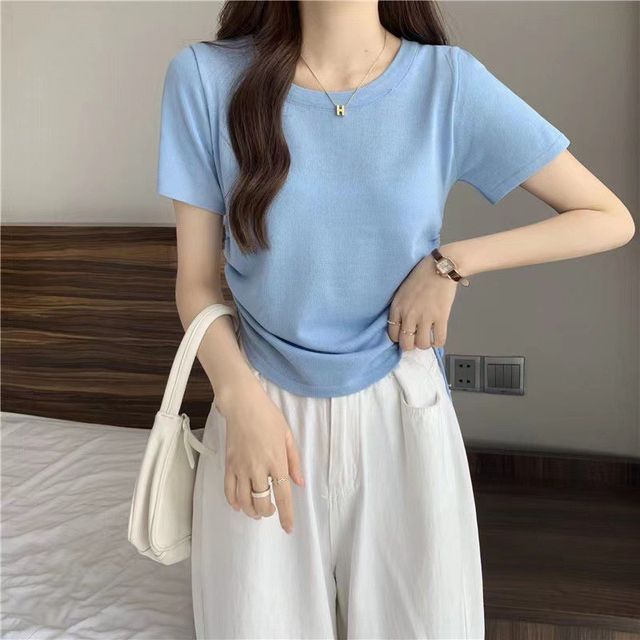 Tee Plain Drawstring Crew Short-Sleeve Neck