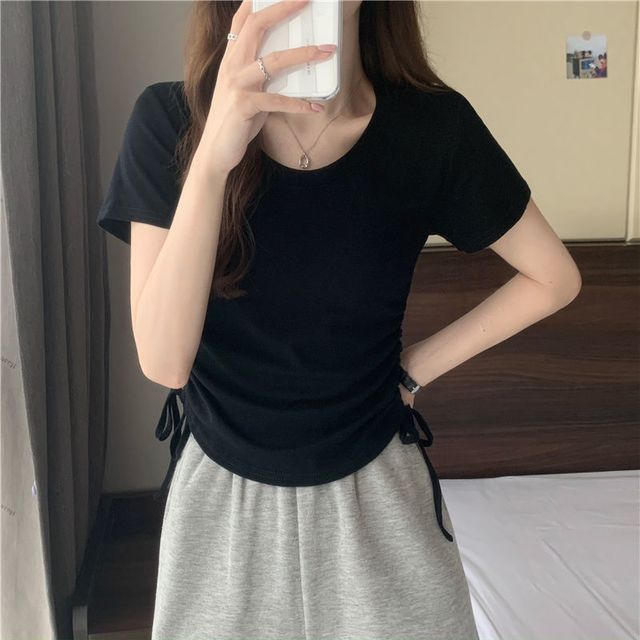 Tee Plain Drawstring Crew Short-Sleeve Neck
