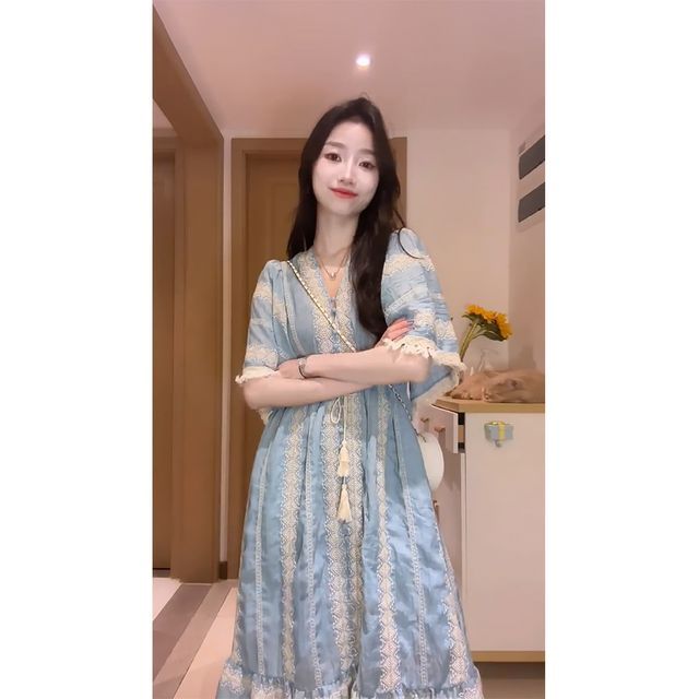 A-Line V-Neck Embroidered Midi Panel Dress Elbow-Sleeve Tassel