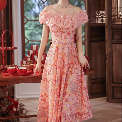 Short-Sleeve Ruffle Floral Mesh Midi A-Line Evening Dress