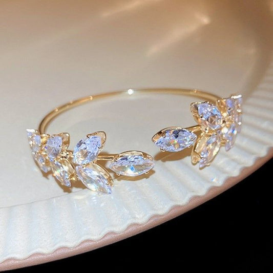 Bangle Open Leaf Rhinestone Alloy