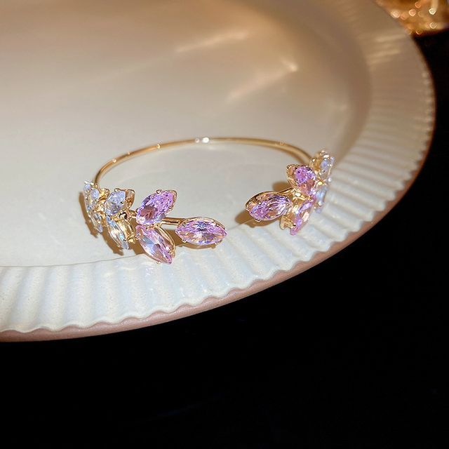 Bangle Open Leaf Rhinestone Alloy