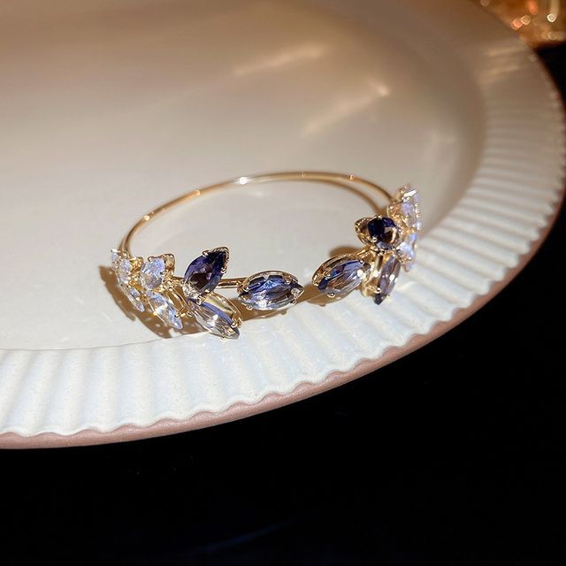 Bangle Open Leaf Rhinestone Alloy