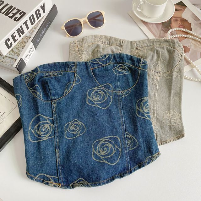 Floral Print Denim Crop Bustier Top