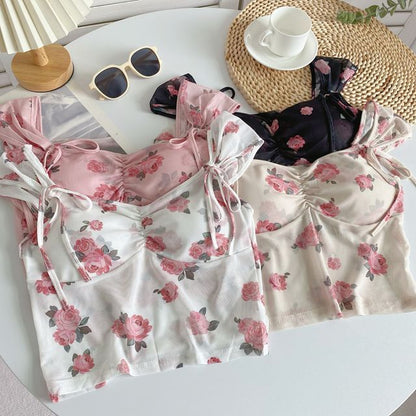 Cap-Sleeve V-Neck Floral Print Bustier Crop Top