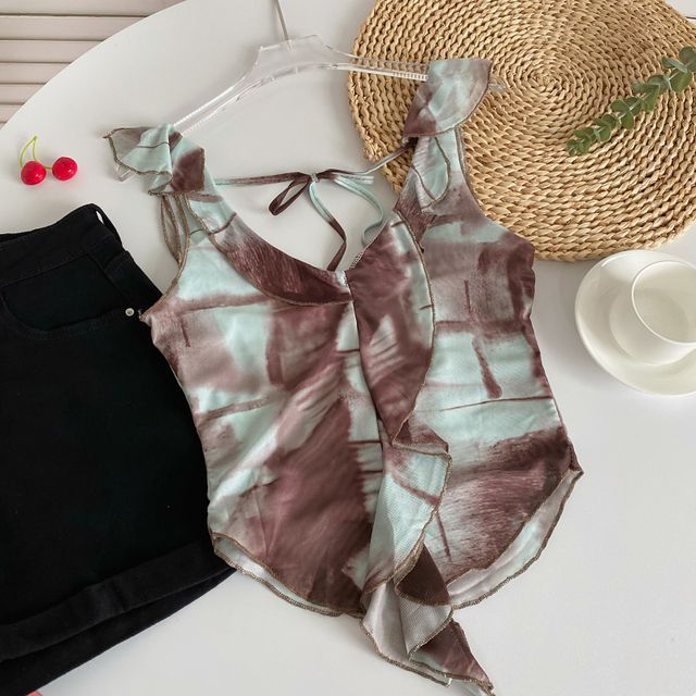 Sleeveless Ruffle Print Crop Top