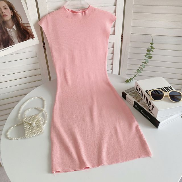 Cap-Sleeve Mock Neck Plain Knit Mini Bodycon Dress