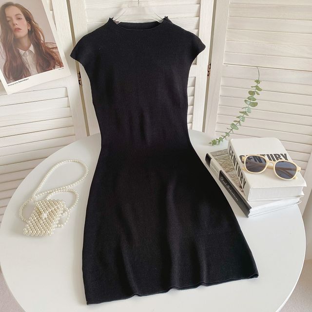 Cap-Sleeve Mock Neck Plain Knit Mini Bodycon Dress