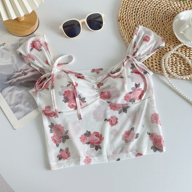 Cap-Sleeve V-Neck Floral Print Bustier Crop Top