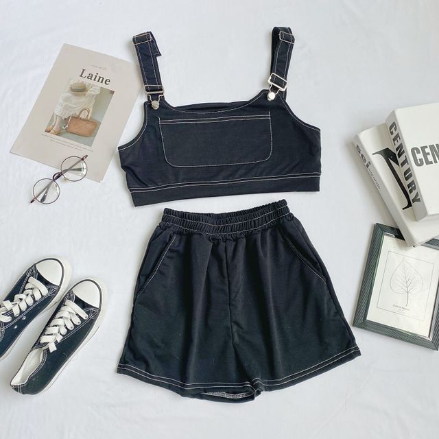 Set: Plain Crop Tank Top + Shorts