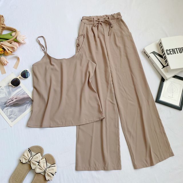 Set: Plain Camisole Top + High Waist Wide Leg Pants