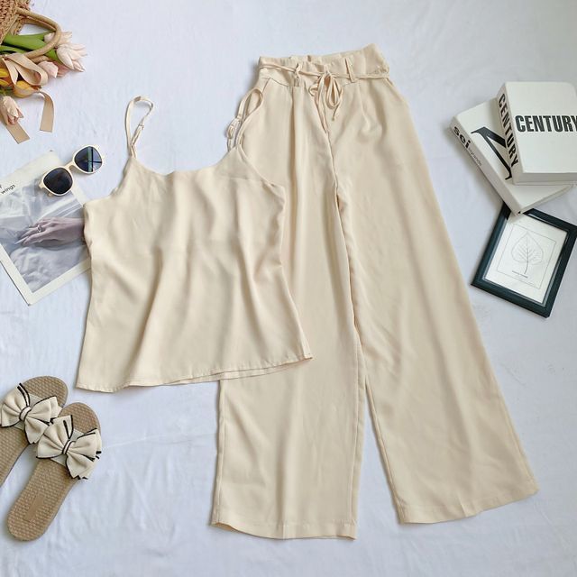 Set: Plain Camisole Top + High Waist Wide Leg Pants