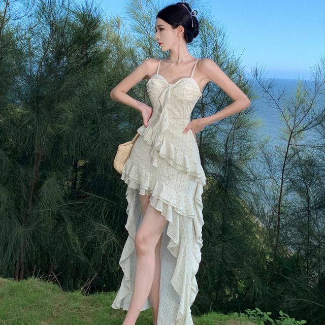 Floral Ruffle Maxi A-Line Spaghetti Dress Trim Strap