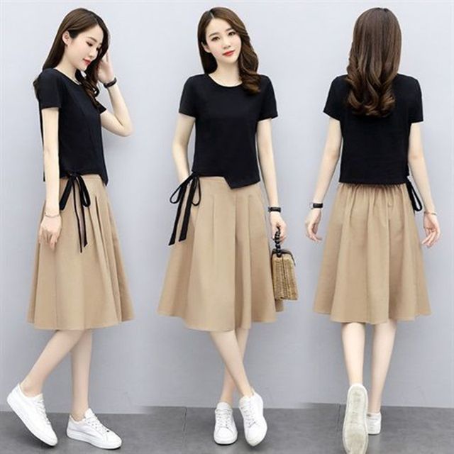 Set: Skirt Neck Midi Elastic T-Shirt Waist Round + Plain Short-Sleeve A-Line