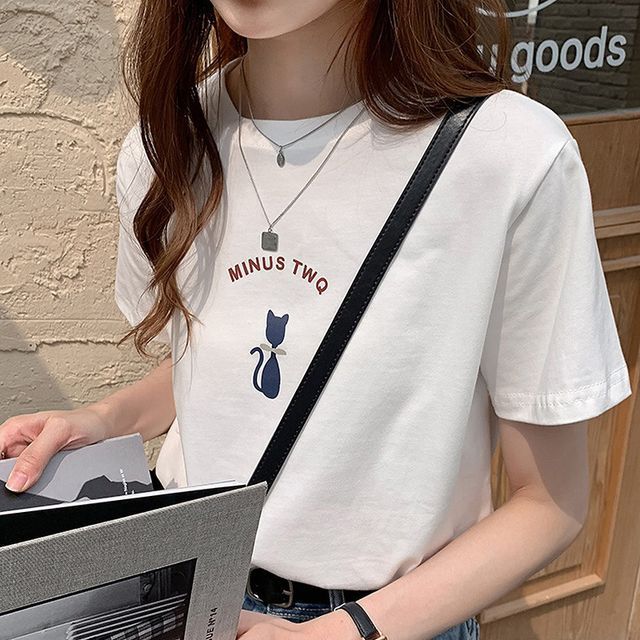 Neck T-Shirt Short-Sleeve Cat Crew Print