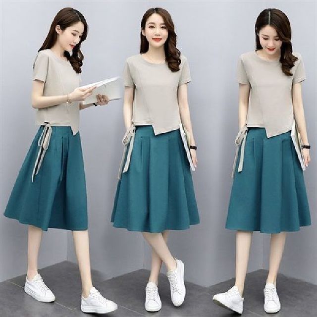 Set: Skirt Neck Midi Elastic T-Shirt Waist Round + Plain Short-Sleeve A-Line