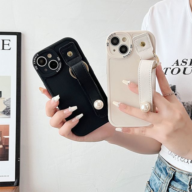 Faux Phone Strap Hand Case Pearl