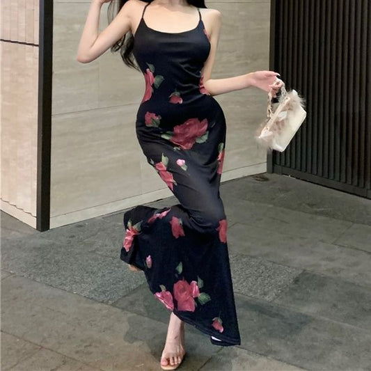 Spaghetti Strap Floral Open Back Maxi Mermaid Dress