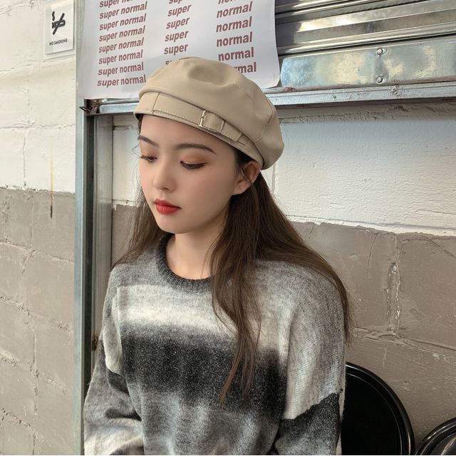 Leather Faux Buckled Beret