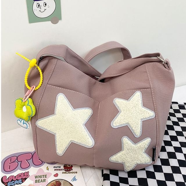 Star Applique Color Block Light Nylon Zipper Crossbody Bag