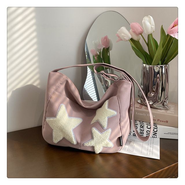 Star Applique Color Block Light Nylon Zipper Crossbody Bag