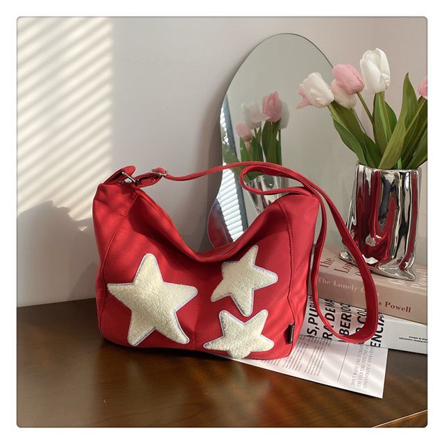 Star Applique Color Block Light Nylon Zipper Crossbody Bag