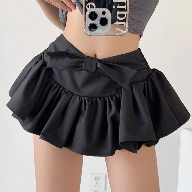 Mid Skirt Mini A-Line bow Plain Waist